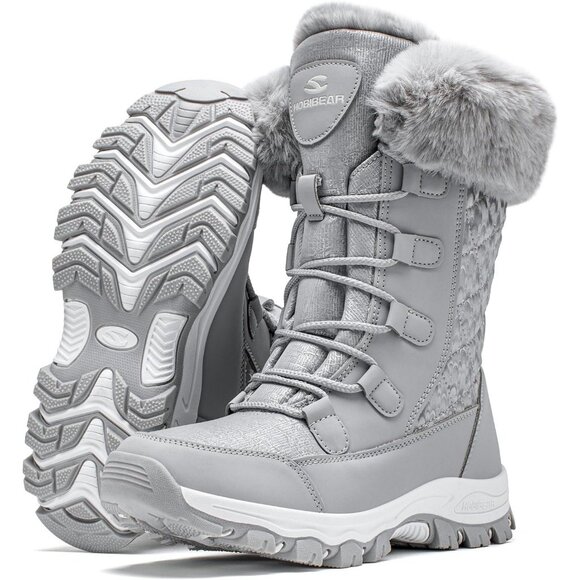HOBIBEAR Women Waterproof Winter Snow Boots Gray Fur Lined Insulated Warm Shoes - Picture 2 of 7